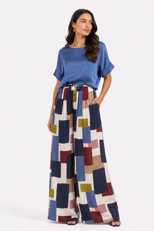 Pantalone in satin a fantasia geometrica
